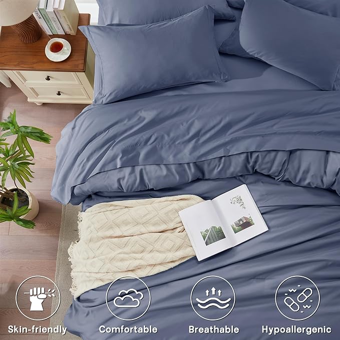 Anluoer Grayish Blue King Comforter Set 7 Pieces, Bed in a Bag with Sheets, All Season Bedding Sets with 1 Comforter, 2 Pillow Shams, 2 Pillowcases, 1 Flat Sheet, 1 Fitted Sheet
