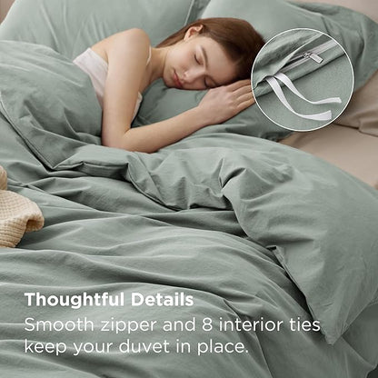 Bedsure 100% Washed Cotton Duvet Cover King Size - Sage Green Minimalist Bedding Set Linen Like - PureWoven Plain Simple & Soft Comforter Cover for All Seasons (Sage Green, King, 104"x90")