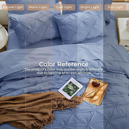 Sasttie King Size Comforter Set, 7-Piece Bed in a Bag, Pintuck Bedding Set for All Season, Includes Comforter, Flat Sheet, Fitted Sheet, Pillowcases and Pillowshams, Slate Blue