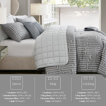 Madison Park Queen Comforter Set Jacquard Metallic Thread Comforters Queen Size Bed, All Season Comforter & Quilt Bedding Set Queen Size Comforter, Decor Pillows, Shams, Royce, Queen Grey 5 Piece