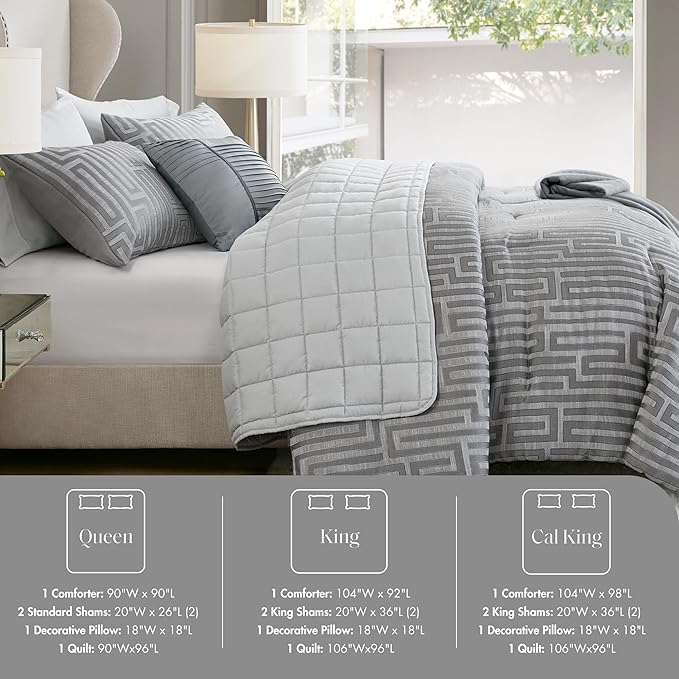 Madison Park King Comforter Set Jacquard Metallic Thread Comforters, All Season Comforter & Quilt Bedding Set King Size Comforter, Decor Pillows, Shams, Royce, King Grey 5 Piece