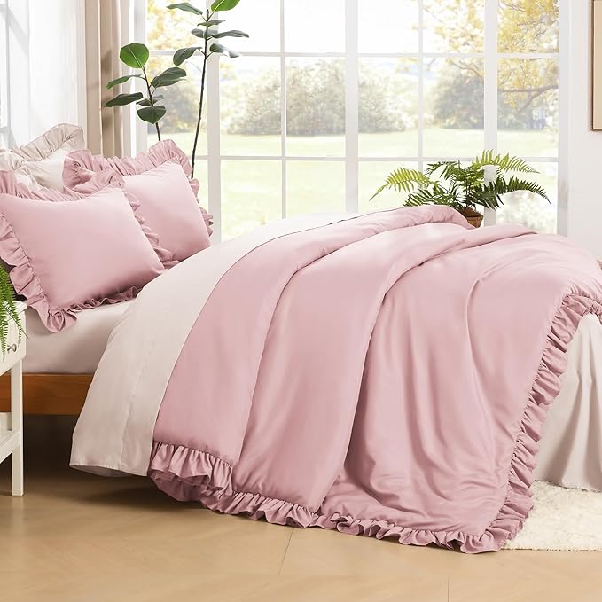 Litanika Grayish Pink King Size Comforter Set, 3 Pieces Ruffle Farmhouse Aesthetic Bedding Comforter Set, All Season Soft Lightweight Fluffy Microfiber Bed Set(104x90In Comforter, 2 Pillowcases)