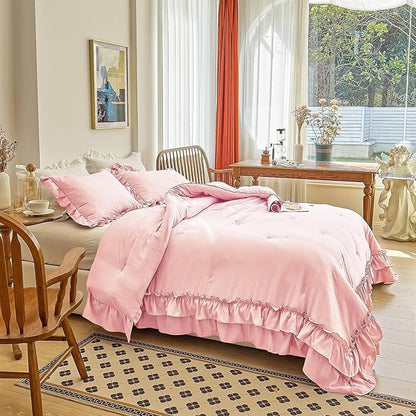 AIKASY Peach Pink Ruffle Comforter King, 3 Pieces Vintage Ruffle Fringe Comforter, Farmhouse Rustic Microfiber Down Alternative Bedding Comforter Set (1 Comforter + 2 Pillow Shams)