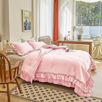 AIKASY Peach Pink Ruffle Comforter Twin, 3 Pieces Vintage Ruffle Fringe Comforter, Farmhouse Rustic Microfiber Down Alternative Bedding Comforter Set (1 Comforter + 2 Pillow Shams)