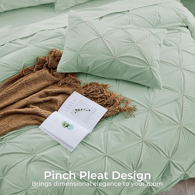 Sasttie Queen Comforter Set, 7-Piece Bed in a Bag, Pintuck Bedding Set for All Season, Includes Comforter, Flat Sheet, Fitted Sheet, Pillowcases and Pillowshams, Light Sage Green