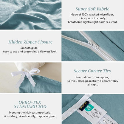MILDLY Super Soft Duvet Cover 2pcs - 100% Washed Microfiber Grayish Blue Comforter Cover Set with Zipper Closure & Corner Ties (No Comforter)