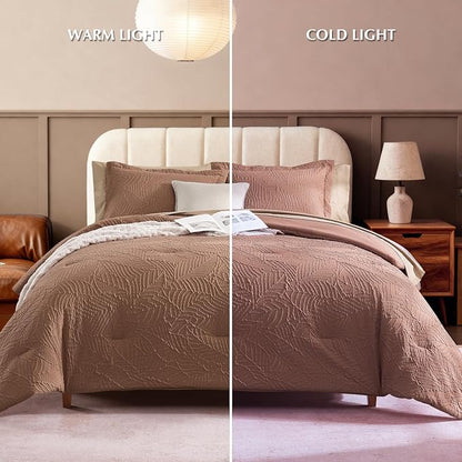 Geniospin Queen Comforter Set - 7 Pieces Brown Textured Queen Bedding Sets with Comforter, Sheets, Pillowcases & Shams, All Season Brown Bedding
