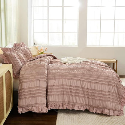 WONGS BEDDING Pink Comforter Set King,3 Pieces Ruffle Farmhouse Shabby Chic Boho Comforter for King Bed,Soft Textured Bedding Set with 1 Ruffle Comforter,2 Tufted Pillowcases 104"×90"