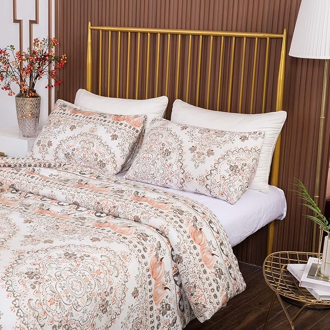 CLOTHKNOW Light Brown Floral Queen Comforter Set Botanical Bedding Comforter Sets Boho Comforter Pumpkin Comforter Queen with 2 x Pillow Cases