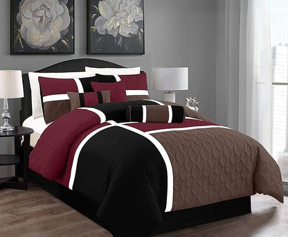 Chezmoi Collection Upland 7-Piece Quilted Patchwork Comforter Set, Burgundy/Black/Brown, California King