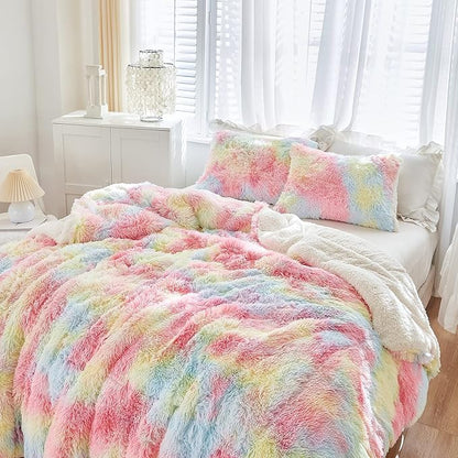 Luxury Faux Fur Shaggy Comforter Set Twin Size, Plush & Sherpa Reversible Comforter Tie Dye Rainbow, 3 Pieces Fluffy Fuzzy Bedding Set Ultra Soft and Warm for Winter (1 Comforter + 2 Pillowcases)