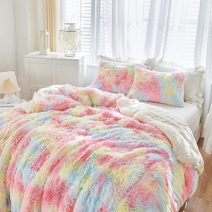 Luxury Faux Fur Shaggy Comforter Set Full/Queen Size, Plush & Sherpa Reversible Comforter Tie Dye Rainbow, 3-Piece Fluffy Fuzzy Bedding Set Ultra Soft and Warm for Winter (1 Comforter + 2 Pillowcases)
