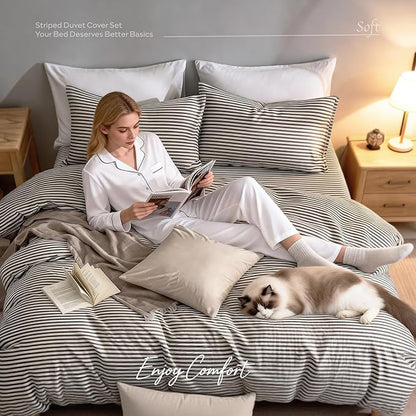 JELLYMONI Duvet Cover, 100% Natural Cotton, Printed Comforter Cover with Zipper Closure and Corner Ties (Twin 66×92 Inch, White Duvet Cover Set with Grey Stripes Pattern, 2 Pcs)