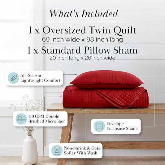 Southshore Fine Living, Inc. Twin XL Comforter Quilt Bedding Set, Dorm Room Bedding Essentials, Stain Resistant, Machine Washable Bedspread, Twin XL Red Quilt Bed Spread w/Pillow Sham, Chili Pepper
