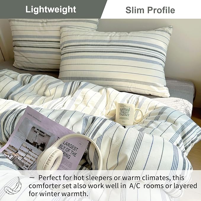 EAVD Retro Blue&Grey Striped Comforter Set Queen Soft Cotton 3-Piece Vintage Bedding Set with 2 Pillowcases Boho Vertical Stripes Geometric Comforter Set for All-Season Breathable Lightweight