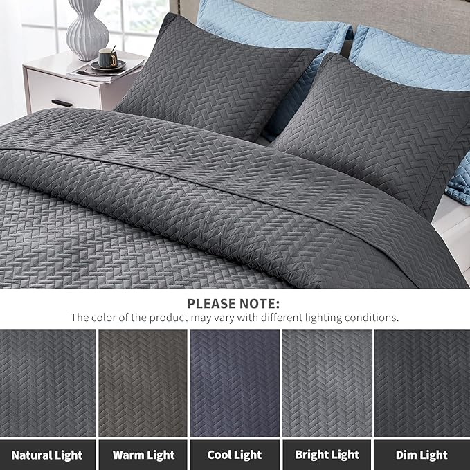 Maple&Stone Quilt Set King Size, Lightweight Charcoal Grey Bedspread Ultrasonic Chevron Pattern Light Coverlet for All Season Comforter Bedding Decor - 3 Piece King Bed Cover Sets