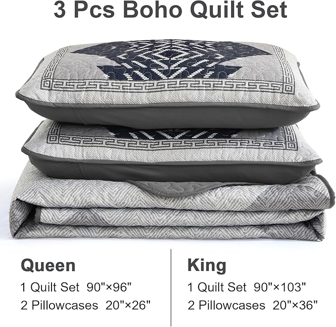 Dintszyayue Queen Size Quilt Set,3 Pieces Boho Bedspread Aztec Texture Quikted Coverlet Set Navy Blue Bedding Sets Geometric Pattern Microfiber Bed Cover for All Season(Navy,90"x96")