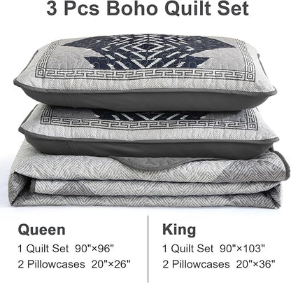 Dintszyayue Queen Size Quilt Set,3 Pieces Boho Bedspread Aztec Texture Quikted Coverlet Set Navy Blue Bedding Sets Geometric Pattern Microfiber Bed Cover for All Season(Navy,90"x96")