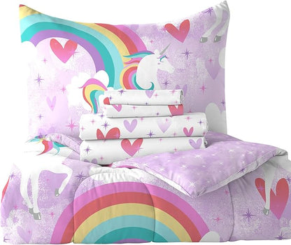 dream FACTORY Kids 5-Piece Complete Set Easy-Wash Super Soft Microfiber Comforter Bedding, Twin, Purple Unicorn Rainbow