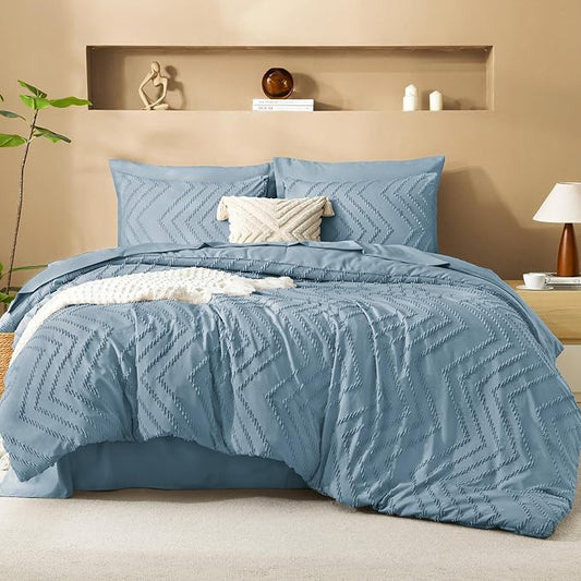 Litanika Twin Comforter Set with Sheets Dusty Blue - 5 Pieces Boho Tufted Shabby Chic Bed in a Bag, Fluffy Soft Farmhouse Bed Set for All Seasons
