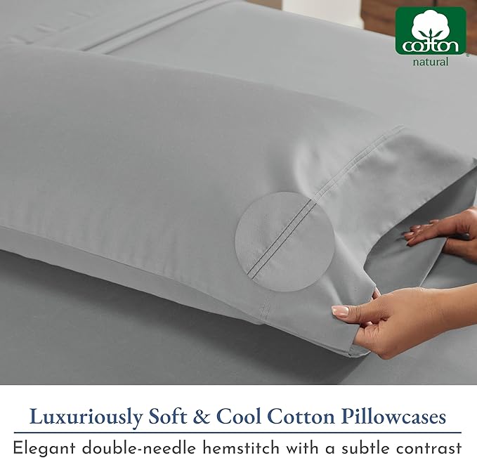 Heirloom Soft, Smooth & Thick Certified 800 Thread Count 100% Cotton Sateen, 2 Pillow Cases King Size, Fits King Pillows (Light Grey)