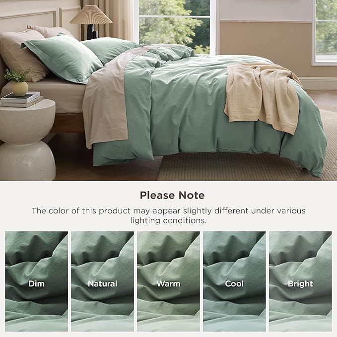 Bedsure 100% Washed Cotton Duvet Cover Queen Size - Iceberg Green Minimalist Bedding Set Linen Like - PureWoven Plain Simple & Soft Comforter Cover for All Seasons (Iceberg Green, Queen, 90"x90")