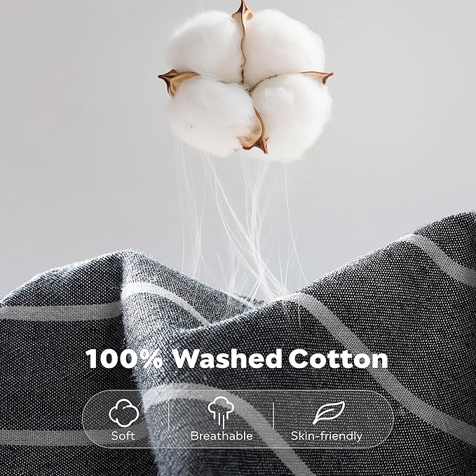 JELLYMONI Cotton Duvet Cover Queen Size - Gray Pinstriped Comforter Cover with Button 100% Washed Cotton 3PCS Breathable Soft Solid Bedding Set Duvet Cover 90×90in & 2 Pillowcases (NO Comforter)