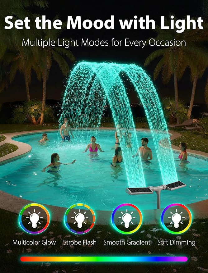 POOLHOUR 2026 Upgrade Height Solar Pool Fountain with 10-Color 4-Mode LED Lights, Auto Light-Sensing Pool Sprinkler Fountain for Above/Inground Pools, 360° Adjustable Spray for 8-16°F Cooling (Gray) | Auto Light-Sensing Pool Sprinkler Fountain with 4 L...