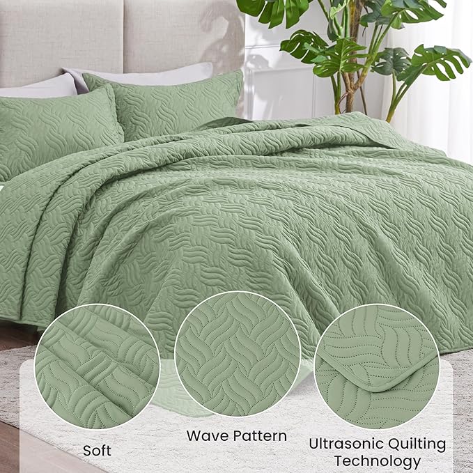 Love's cabin Quilts for Queen Bed Sage Bedspreads Bedding Set - Summer Lightweight Bedspread Comforter - Wave Pattern Bedding Coverlet for All Season - 3 Pieces (1 Quilt, 2 Pillow Shams)