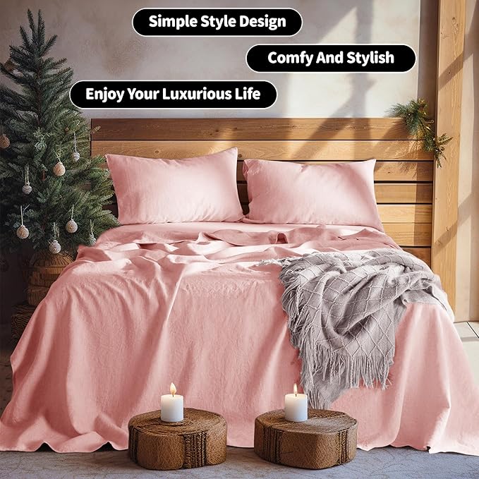 LBRO2M 100% Pure Linen Sheet Set Deep Pocket Up to 16" Bed Sheets Sets, Natural Flax Beddings Soft, Breathable, Comfortable for All Seasons 4 Pcs Sheet Set King Size, Blush Pink