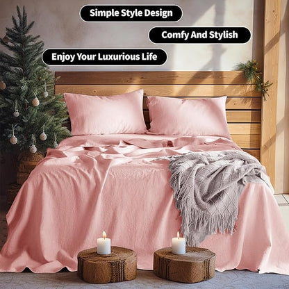 LBRO2M 100% Pure Linen Sheet Set Deep Pocket Up to 16" Bed Sheets Sets, Natural Flax Beddings Soft, Breathable, Comfortable for All Seasons 4 Pcs Sheet Set Full Size, Blush Pink