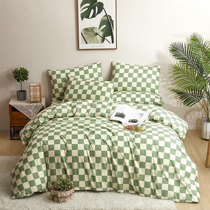 CLOTHKNOW Green White Grid Full Size Comforter Sets Plaid Bedding Comforter Sets Soft Checker Geometric Comforter with 2 x Pillow Cases