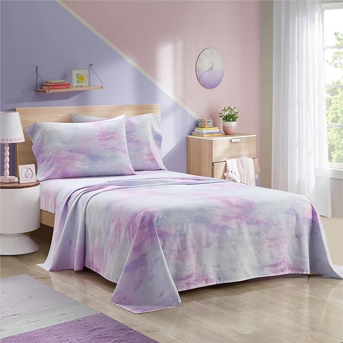 Heritage Kids 4-Piece Full Sheet Set – Purple Watercolor Tie Dye, Includes Top Sheet, Fitted Sheet & 2 Pillowcases, Soft & Comfortable Bedding for Girls’ Room or Teen Bedroom