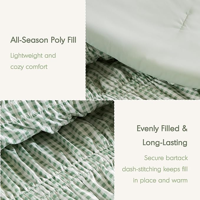 Intelligent Design Ella Twin Comforter Set – Ruched Gingham Shabby Chic Bedding, Bow-Tie Detail, All Season Lightweight 3 Piece Bedding Set, Sham, Twin/Twin XL, Green