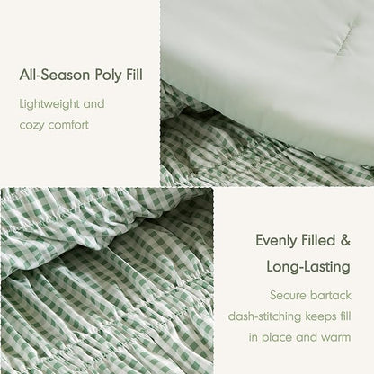 Intelligent Design Ella Twin Comforter Set – Ruched Gingham Shabby Chic Bedding, Bow-Tie Detail, All Season Lightweight 3 Piece Bedding Set, Sham, Twin/Twin XL, Green