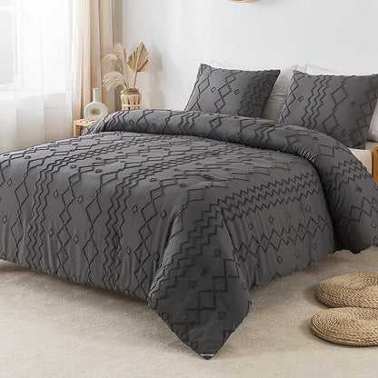 Andency Dark Gray Tufted Comforter Set Queen(90x90Inch), 3 Pieces(1 Tufts Comforter, 2 Pillowcases) Boho Textured Farmhouse Bed, Microfiber Down Alternative Geometric Bedding Set