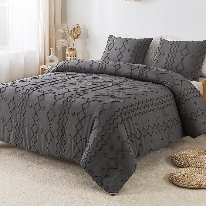 Andency Dark Gray Tufted Comforter Set Full(79x90Inch), 3 Pieces(1 Tufts Comforter, 2 Pillowcases) Boho Textured Farmhouse Bed, Microfiber Down Alternative Geometric Bedding Set