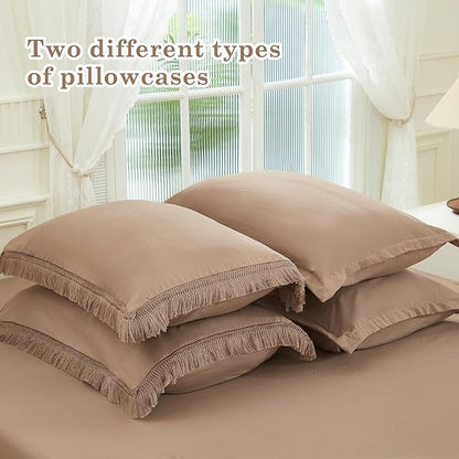Andency Taupe Full Size Comforter Set with Sheets - 7 Pieces Boho Tassel Bed in a Bag Soft Lightweight Bedding Sets, Taupe Fringe Bed Set with Comforter, Sheets, Pillowcases & Shams