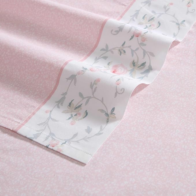 Laura Ashley - Full Sheet Set, Crisp & Cool Cotton Percale Bedding with Deep Pockets, Lightweight for Year Round Comfort, Bed Sheets with Matching Pillowcases (Victorian Scroll Pink)