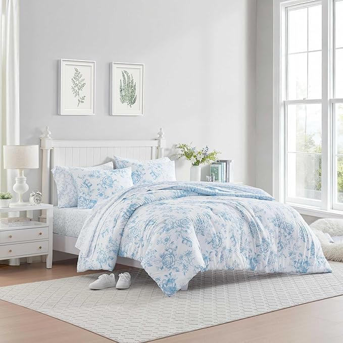 Laura Ashley - King Comforter Set, Soft & Reversible Floral Bedding with Bonus Bed Sheets & Pillowcases, 7 Piece Bed Set for Year Round Comfort (Delphine Saras/Sprig Blue)