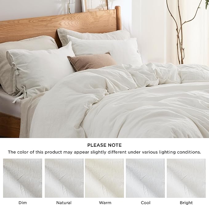 Bedsure Striped Duvet Cover Queen Size – Moisture-Wicking Eucalyptus Lyocell, Cotton & Linen Hybrid Comforter Cover Set with Bowknot Ties Closure – GentleSoft™ & Breathable Bedding Set–White