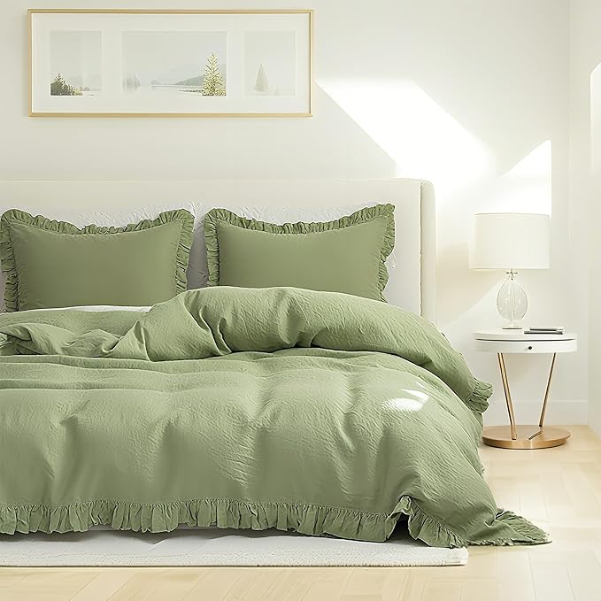 Simple&Opulence 100% Linen Duvet Cover Set, 3 PCS Natural French Flax Sage Green Ruffle Duvet Cover King Size, Breathable Comfy Linen Bedding Comforter Cover with 2 Pillowcases(Sage Green, 104" X 92")