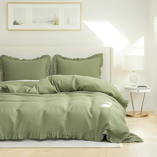 Simple&Opulence 100% Linen Duvet Cover Set, 3 PCS Natural French Flax Sage Green Ruffle Duvet Cover King Size, Breathable Comfy Linen Bedding Comforter Cover with 2 Pillowcases(Sage Green, 104" X 92")