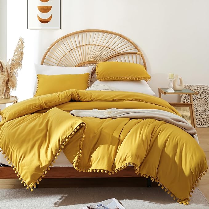 YIRDDEO Full Size Comforter Sets - Full Size Comforter with Ball Pom Fringe, Soft Bedding Set for All Seasons - 3 Pieces, 1 Comforter (79"x90") & 2 Pillow Shams(20"x26"), Mustard Yellow