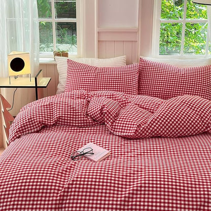 LifeTB Red Gingham Comforter Set Full Modern Style Red Plaid Comforter Set 3 Pieces Soft Fluffy Grid Checkered Pattern Comforter with 2 Pillowcases Vintage Luxury Soft Gingham Bedding Comforter Full