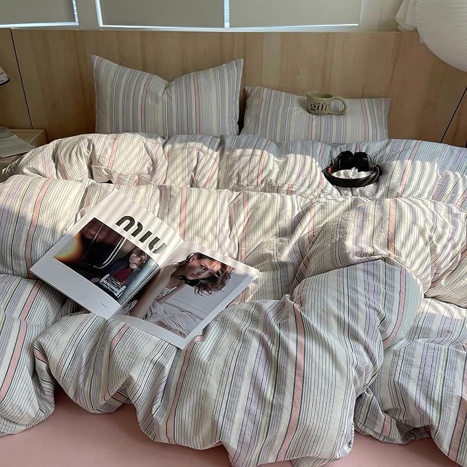 HighBuy Striped Comforter Set Twin XL,Pink Purple Striped Bedding Comforter Set 3 Pieces Soft Fluffy Stripes Pattern Comforter Set Farmhouse for Women Men, 1 Comforter with 2 Pillowcases