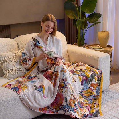 Boho Throw Blanket, 100% Cotton Ultra Soft Luxury Throw Rustic Quilt, 80"x90" Floral Bird Butterfly Farmhouse Decor Bed Blankets, All Season Rustic Reversible Bohemian Throw for Bed - Yellow