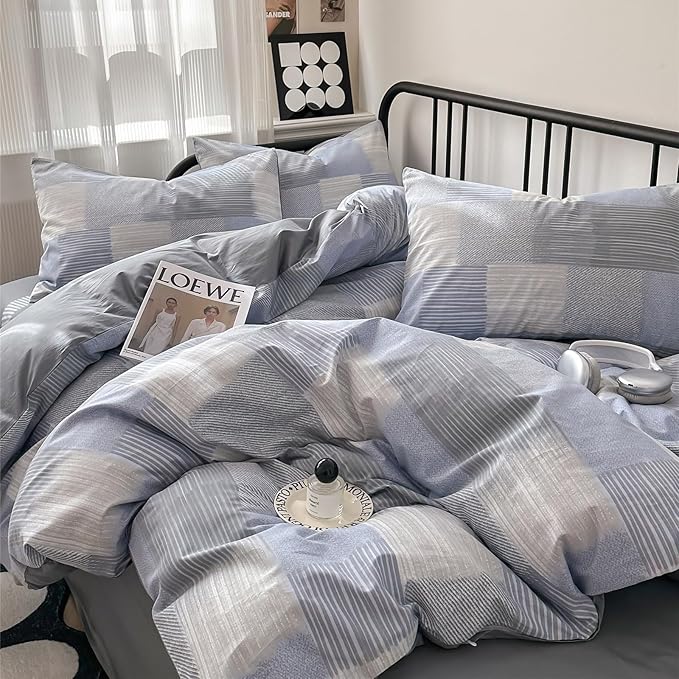 HighBuy Blue Grey Comforter Set King Size Gingham Pattern Grid Checkered Patchwork Comforter Set 3 Pieces Buffalo Plaid Comforter Bedding Set with Checkered Pillowcases Fluffy Home Decor