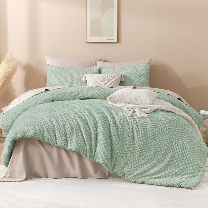 Andency Comforter Oversized King Size Set 120"x98", 3 Pieces Sage Green Soft Boho Bedding Set & Collections, All Season Farmhouse Tufted Fluffy Bed Set (1 Comforter, 2 Pillowcases)