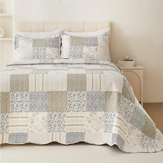 Cmfshape Summer Floral Queen Quilt Set,Grey Patchwork Quilts Queen,Reversible Quilted Bedspread with 2 Shams, Vintage Farmhouse Coverlet(Grey, Queen90 x90)